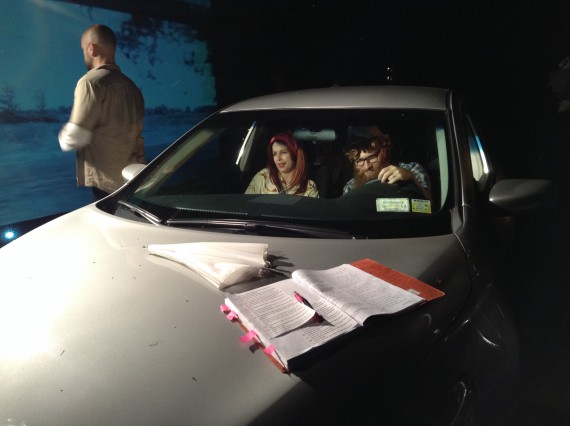 Elisabeth and Gable in the Nisan, waiting to pretend as if they are driving through Portugal for Episode 7 - the Movie.